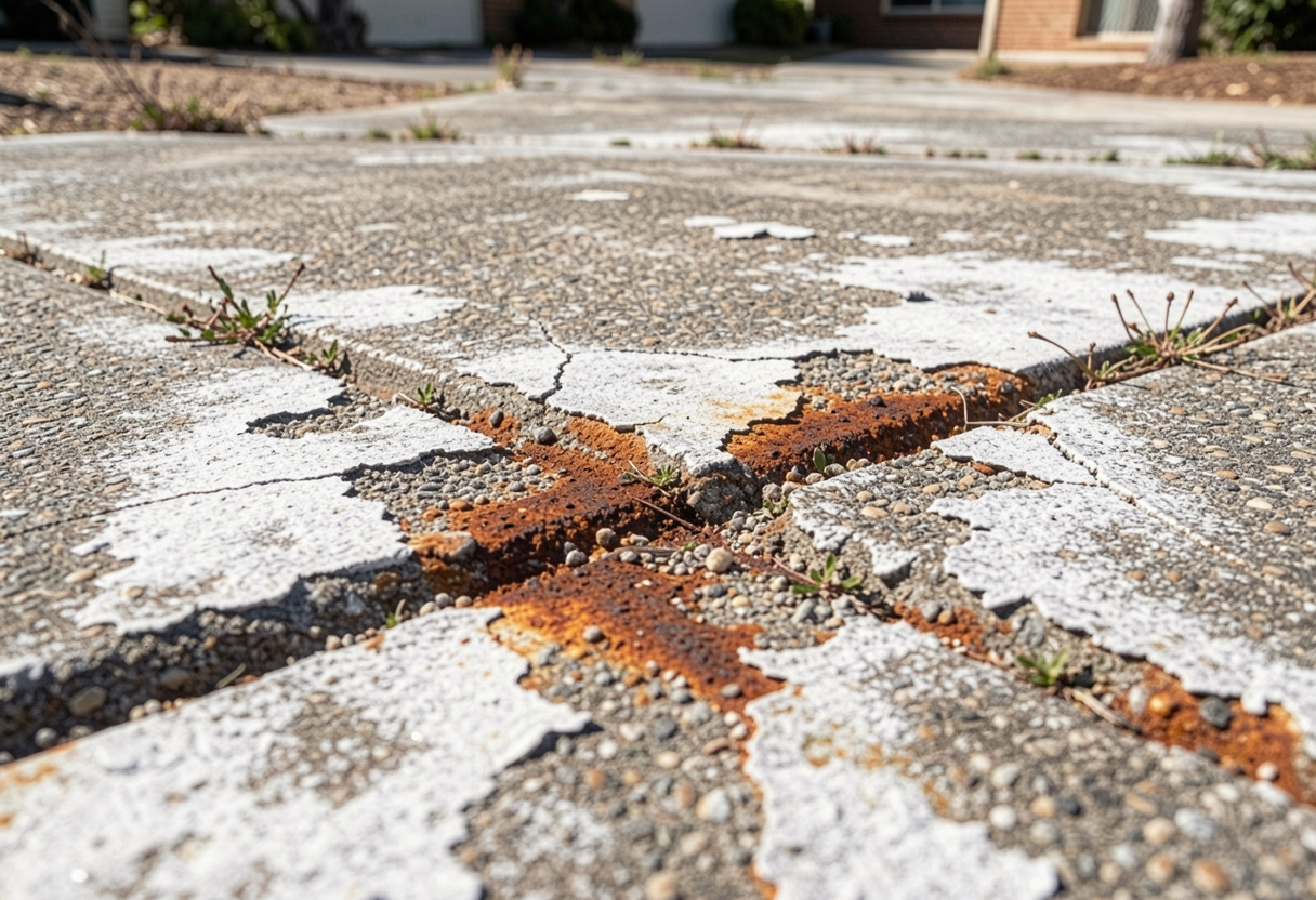 Salt-damaged concrete driveway before replacement, Belmont 2280