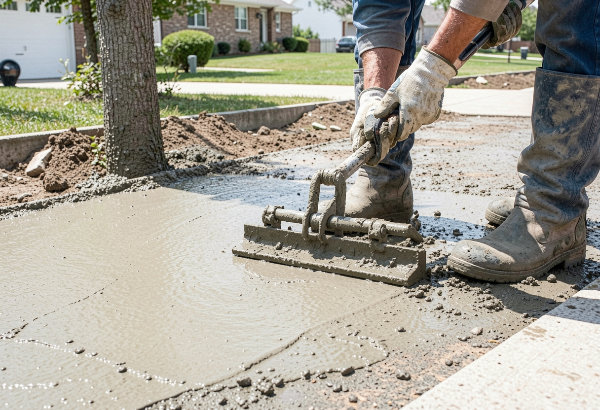 Concreter finishing a new concrete driveway pour in Booragul, Lake Macquarie