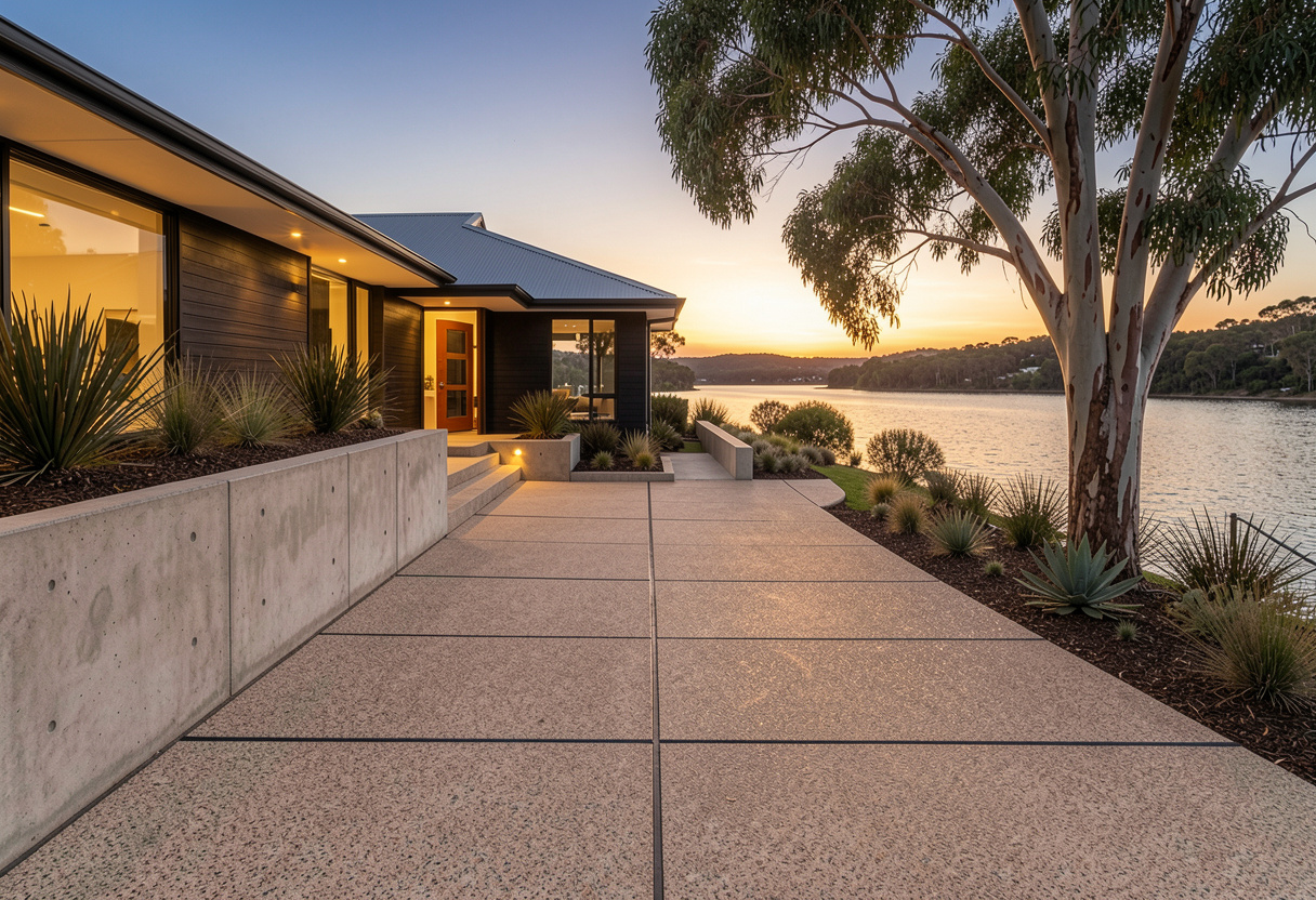 Non-slip concrete pool surround at an Eleebana lake-view home
