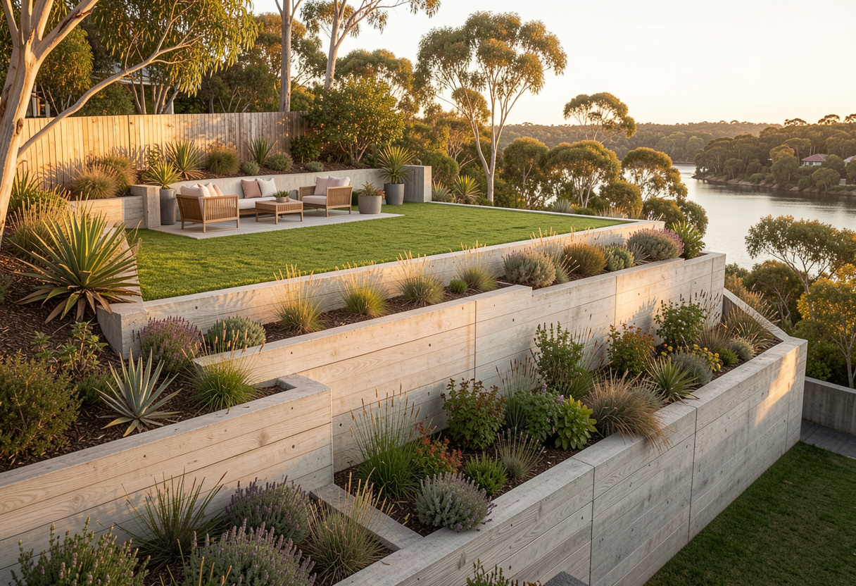 Concrete retaining wall creating level yard on an Eleebana hillside block
