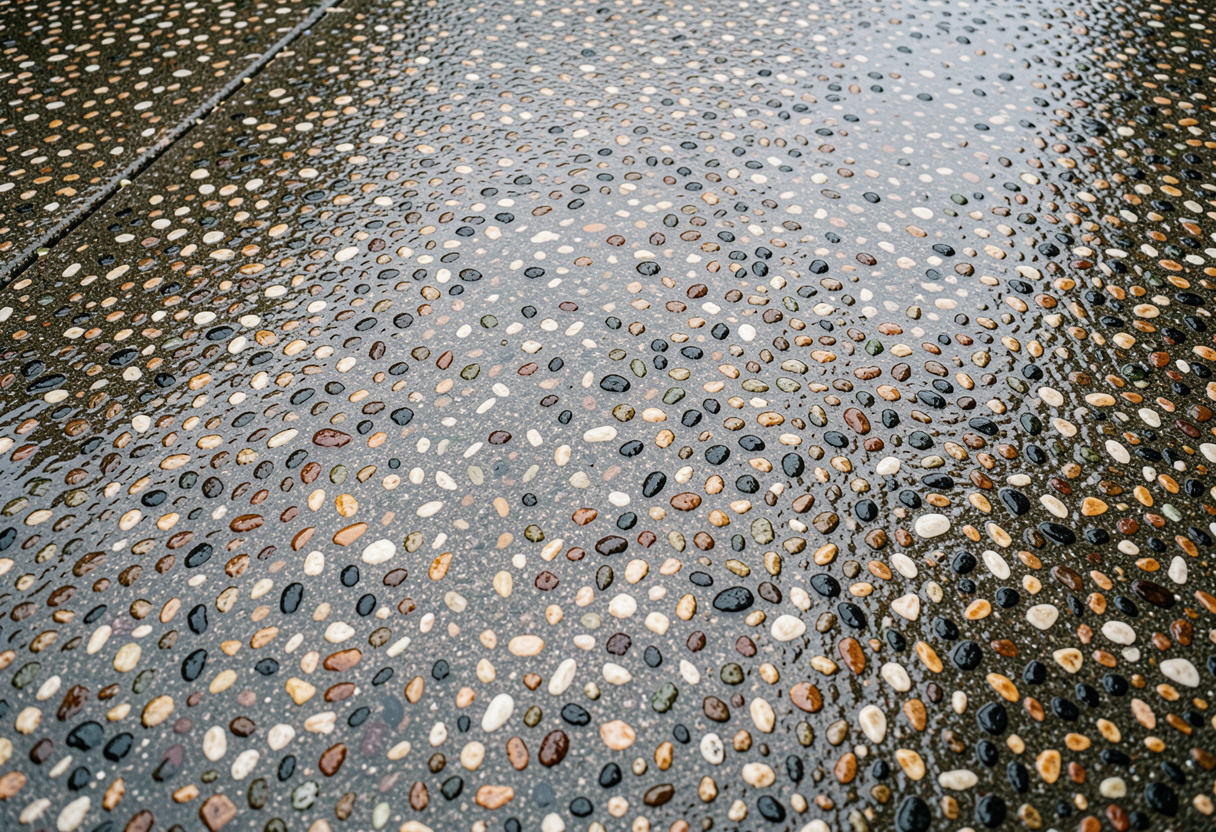 Exposed aggregate driveway on a sloping Eleebana block