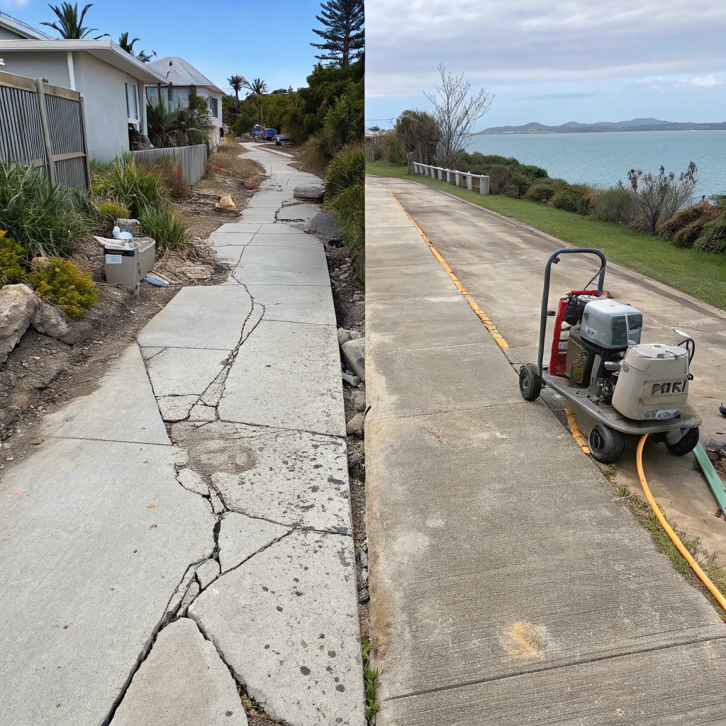 Before and after concrete repair service with equipment on Shortland NSW residential walkway