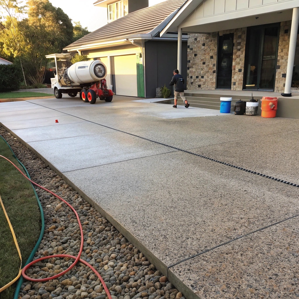 Exposed aggregate decorative concrete finish on residential driveway in Shortland NSW