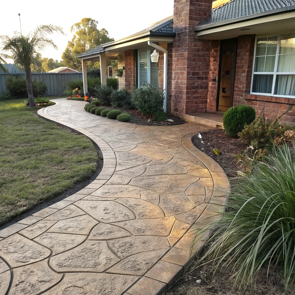 Custom decorative stamped concrete pathway with natural stone pattern at a Wallsend residential property