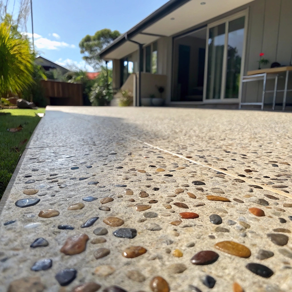 Beautiful exposed aggregate concrete patio installation in Wallsend showing detailed stone texture and finish