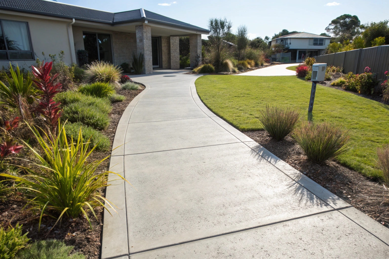 Broom finish concrete footpath leading to front entry of Newcastle home