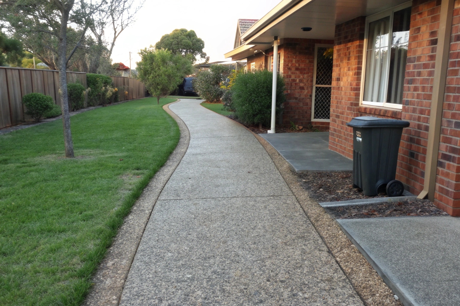 Exposed aggregate concrete side access path at Newcastle residential property