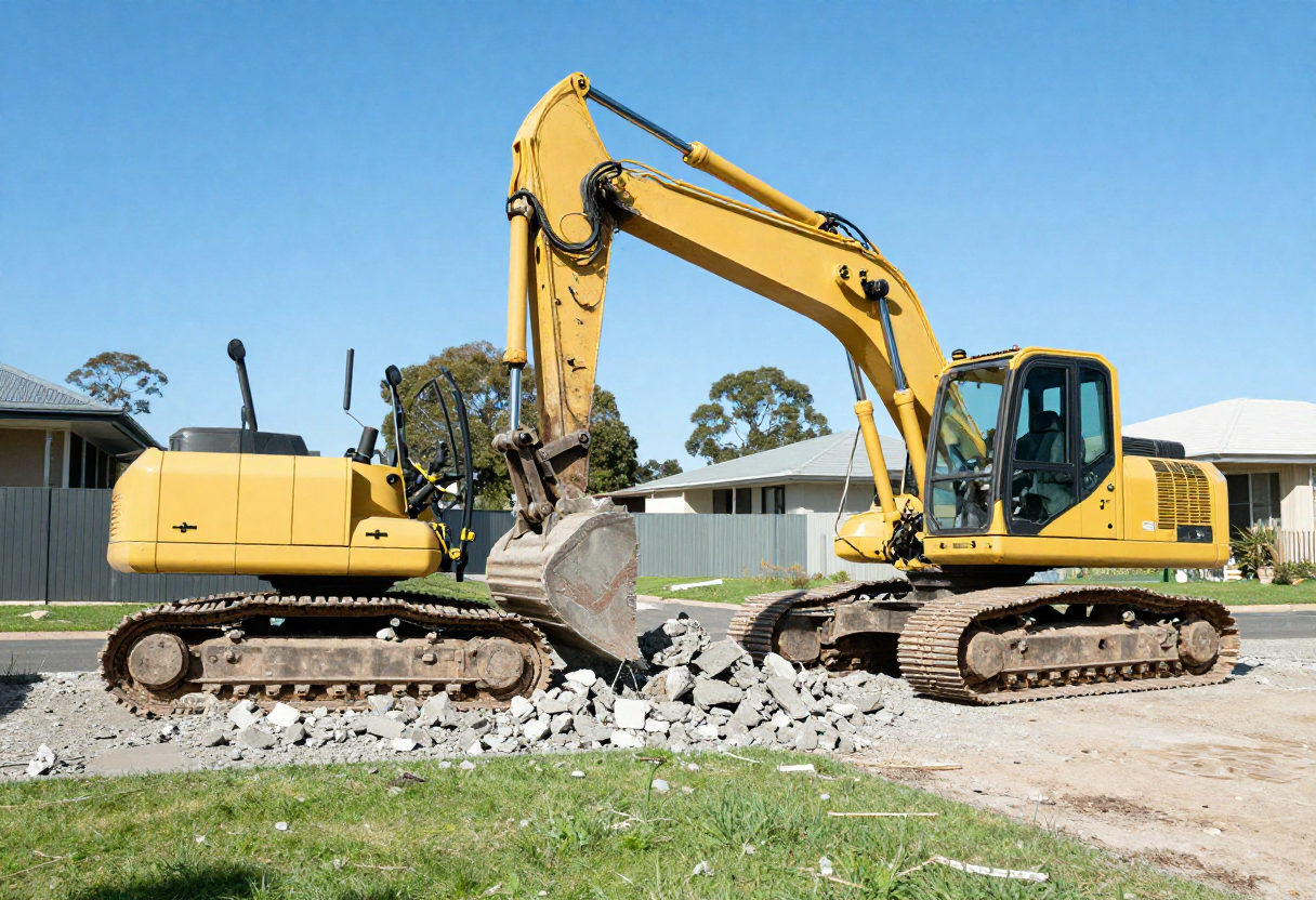 excavator with hydraulic breaker attachment doing concrete removal