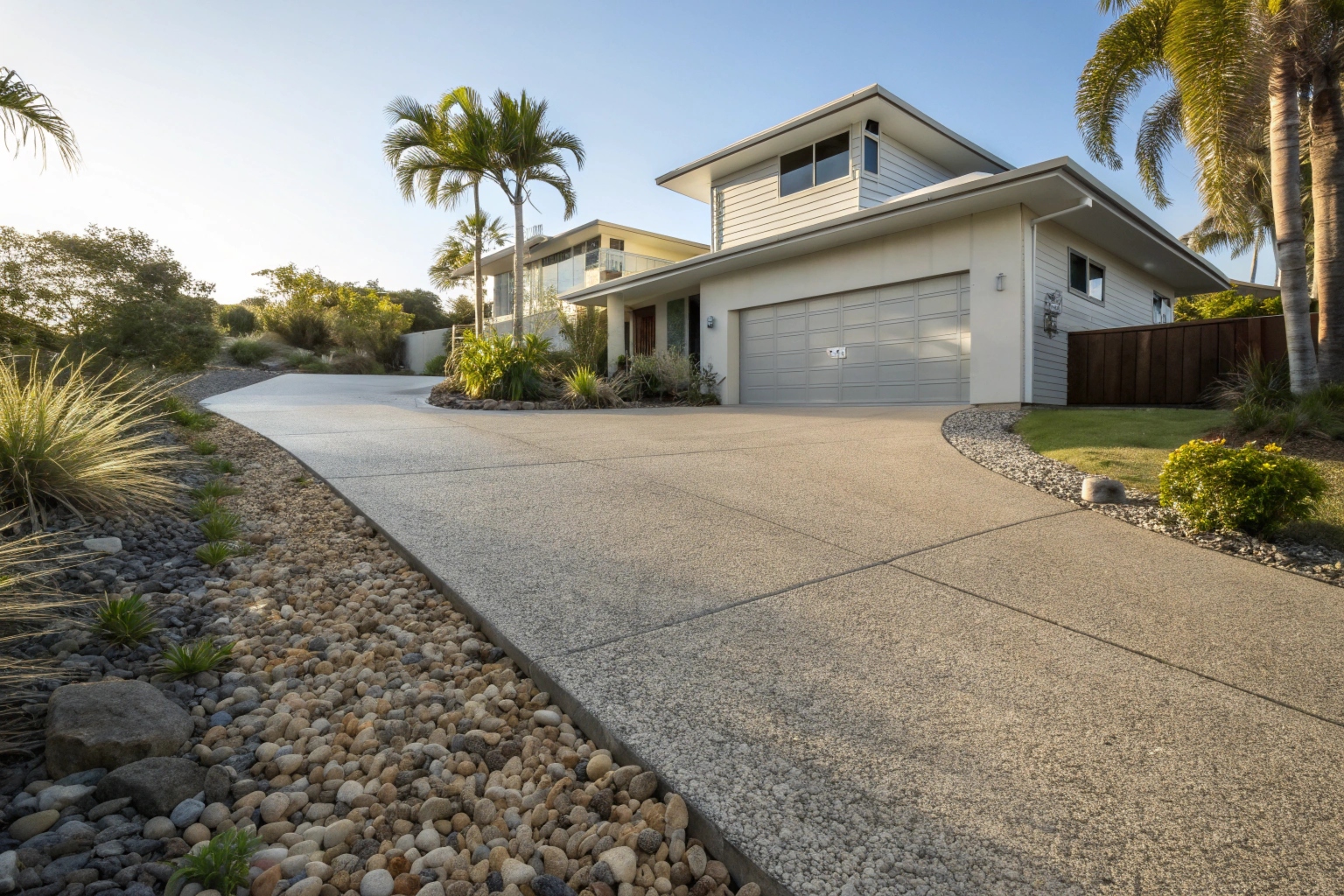 Exposed aggregate driveway with natural stone finish at Newcastle coastal home