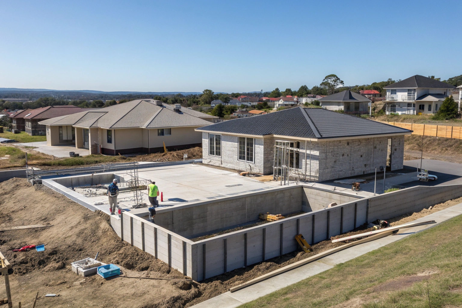 New home construction on completed house slab in Newcastle