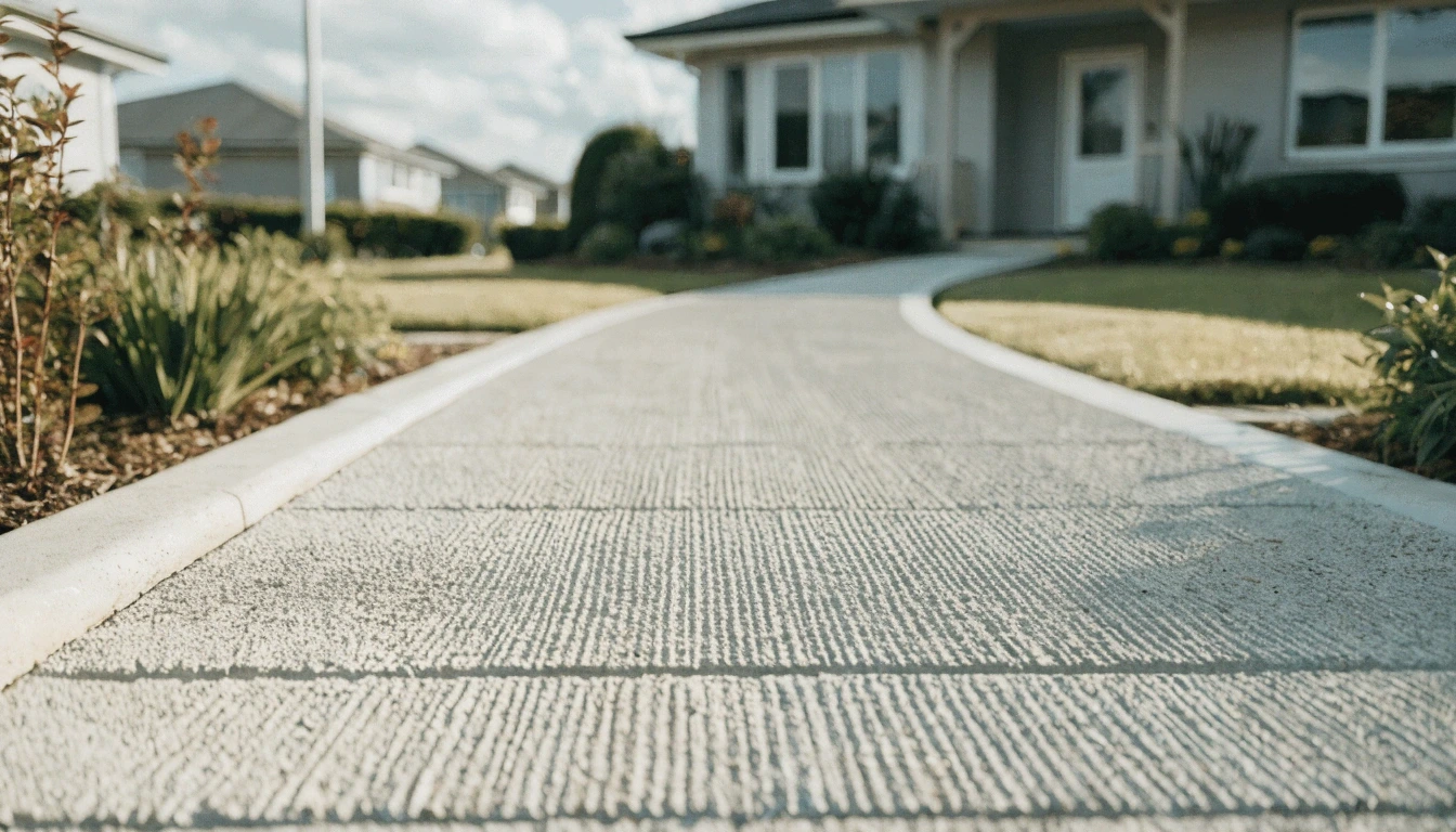 Broom-finished concrete path with a fine non-slip texture leading to a home entrance