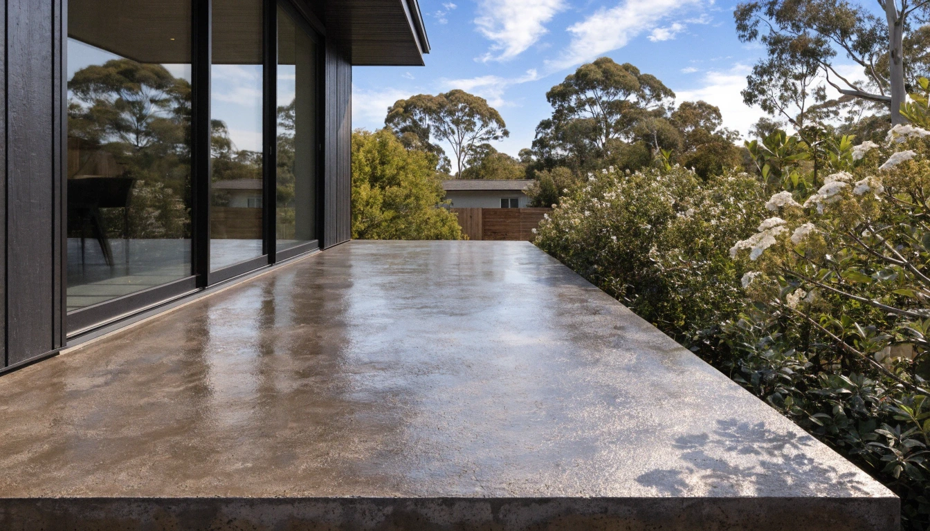 Charcoal coloured concrete patio with a smooth sealed finish