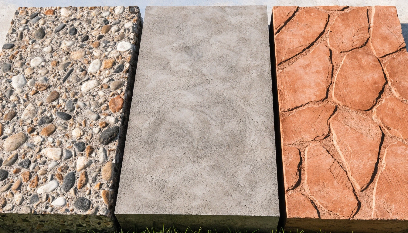 Concrete finish samples comparing exposed aggregate, trowelled and stamped finishes