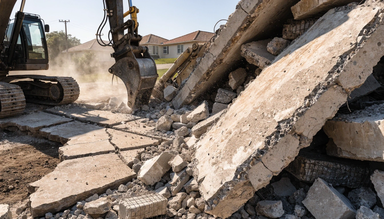 Excavator with a hydraulic breaker removing an old cracked concrete driveway