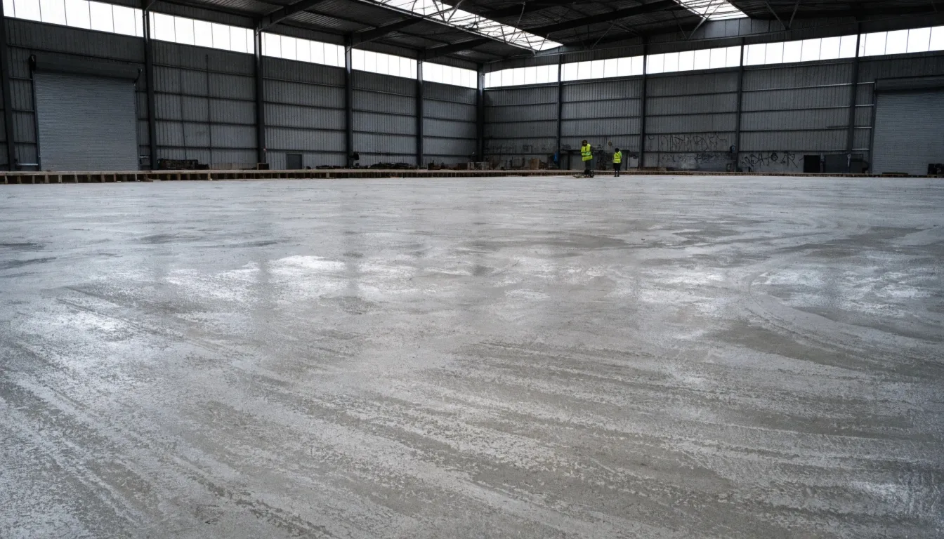 Large commercial concrete slab being power-trowelled in a Newcastle warehouse