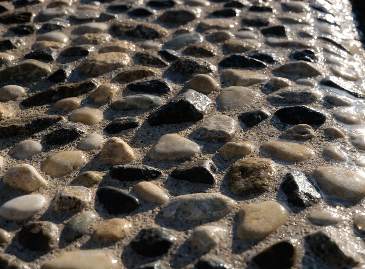Close-up of exposed aggregate concrete showing river-pebble and granite stone texture