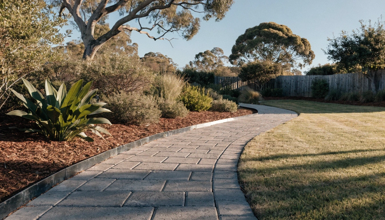 Concrete paver pathway curving through a landscaped backyard