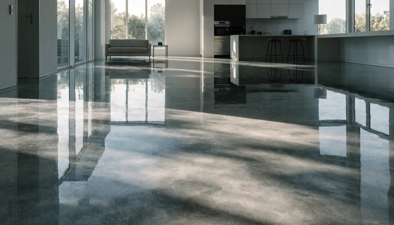 High-gloss polished concrete floor in a modern open-plan living space