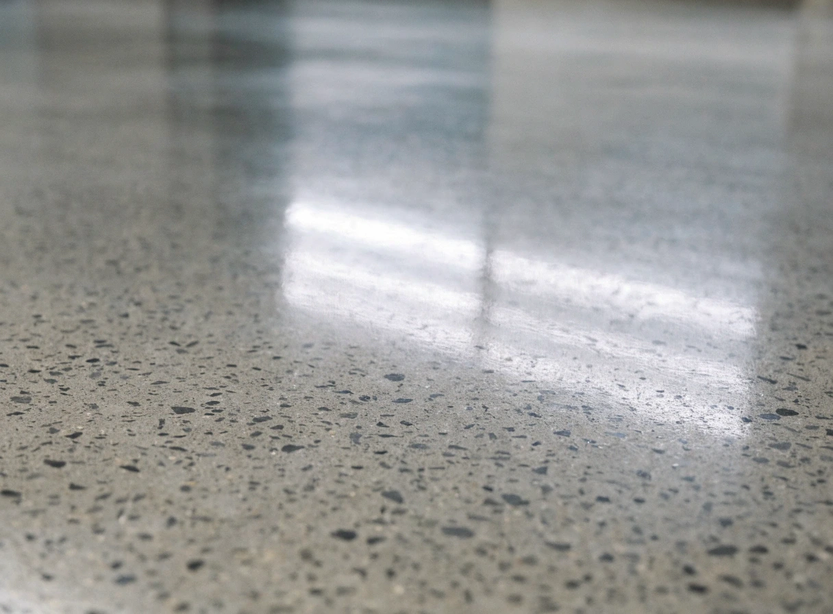 Close-up of a polished concrete surface showing ground aggregate and a mirror finish